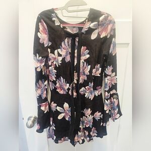Sage Black Floral Long Sleeve Boho Romper Size Small Grommet Sleeve